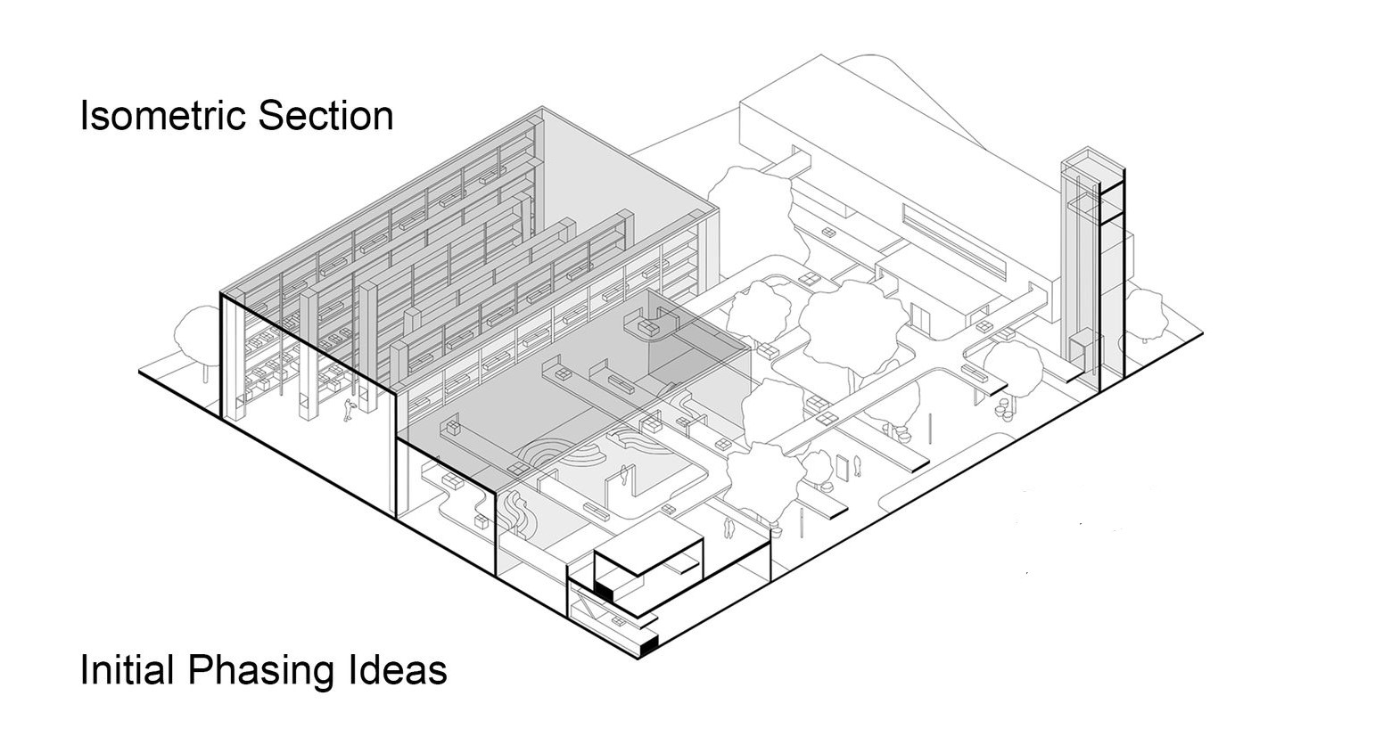 Isometric view of retail park's initial design and structure.