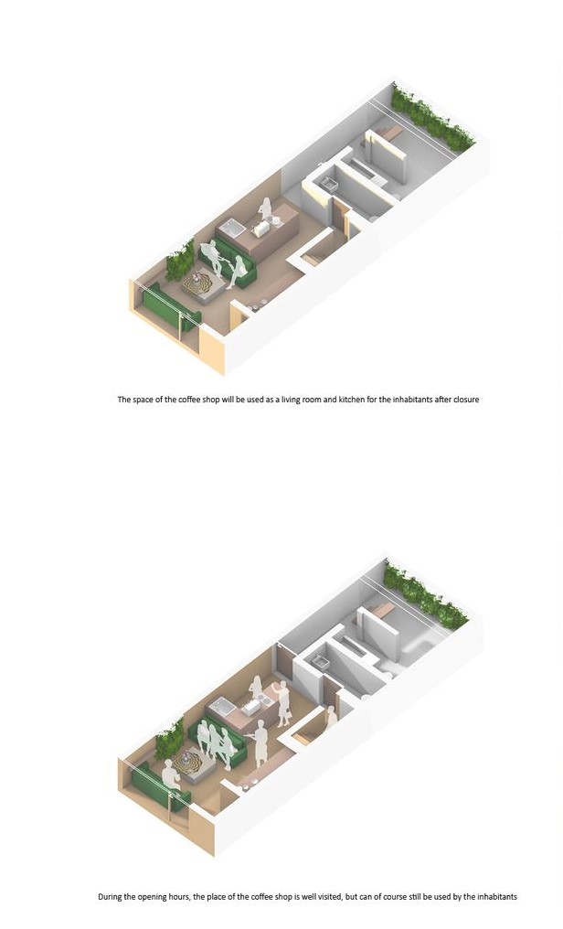 Dual-purpose space: Coffee shop by day, home by night.