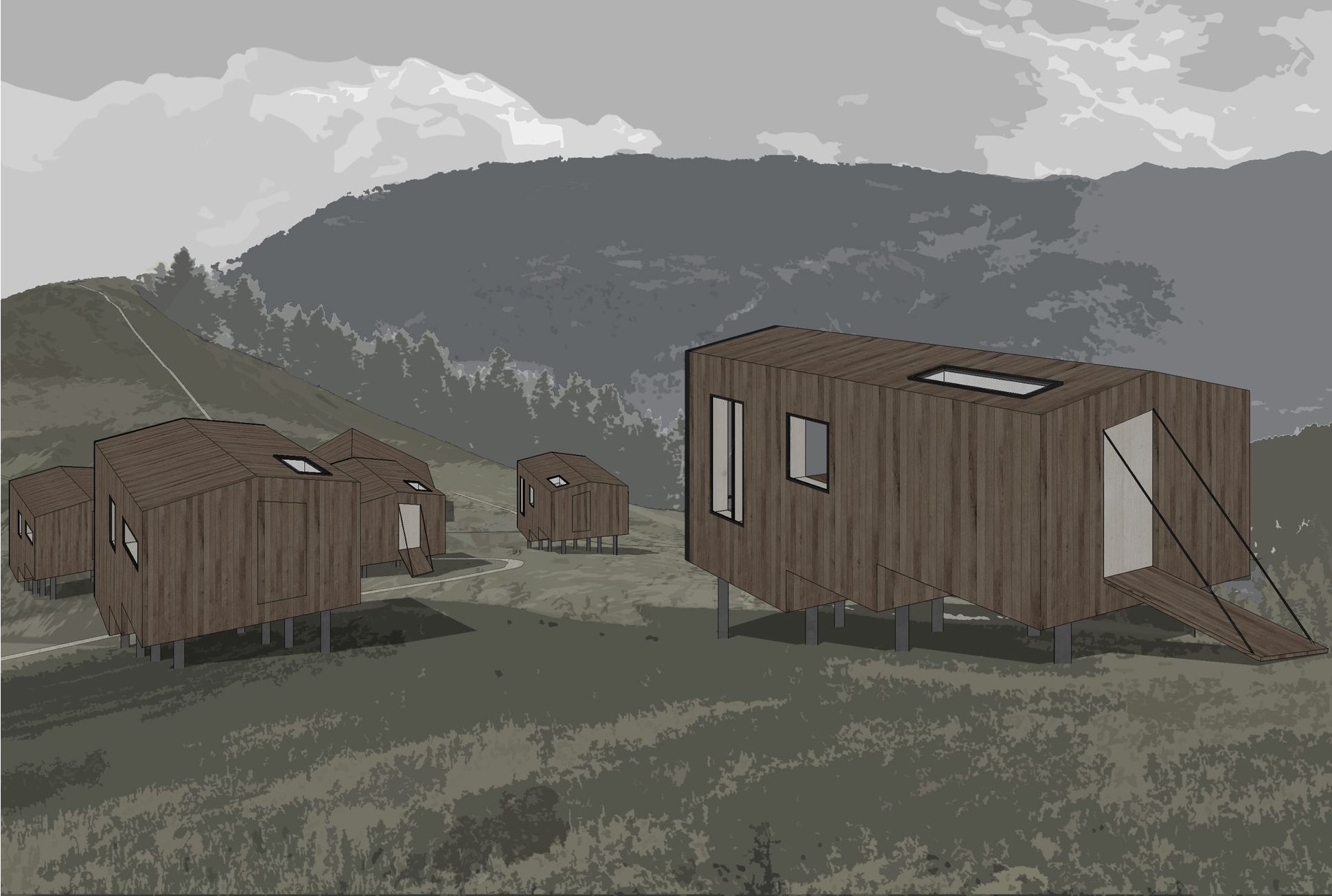 Eco-friendly pods perched in serene alpine tranquility.