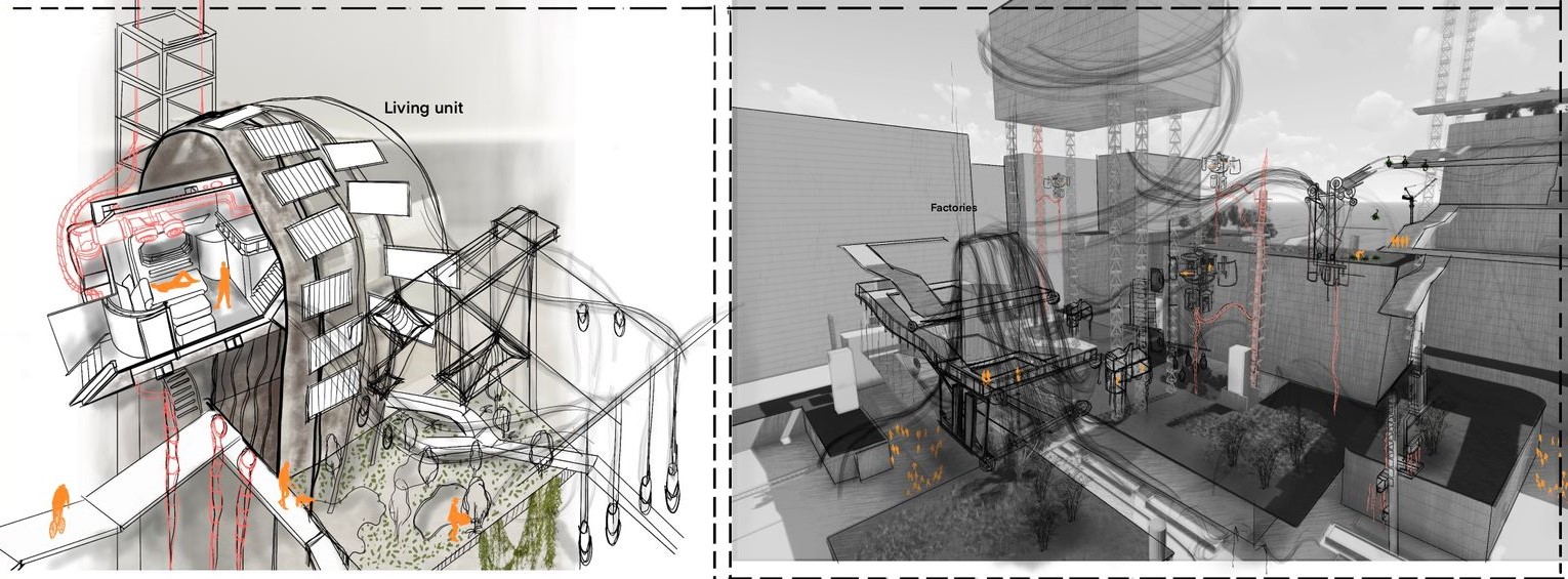 Futuristic habitat intertwines with work in vertical spaces.