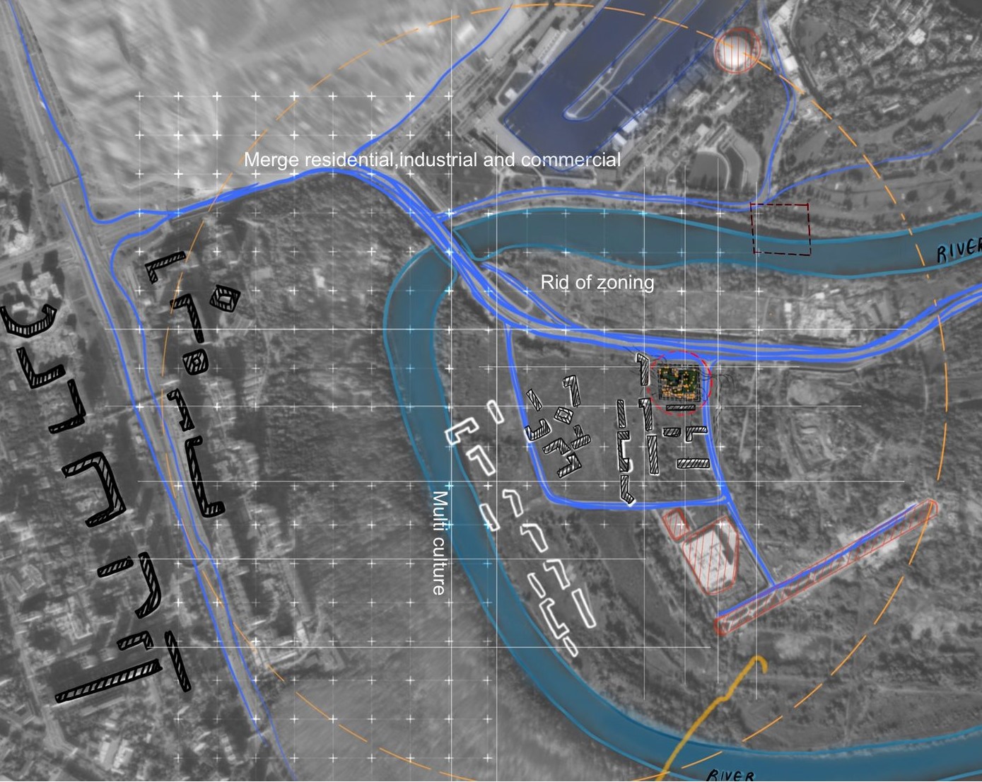 Blurring lines: A confluence of city zones by the river.