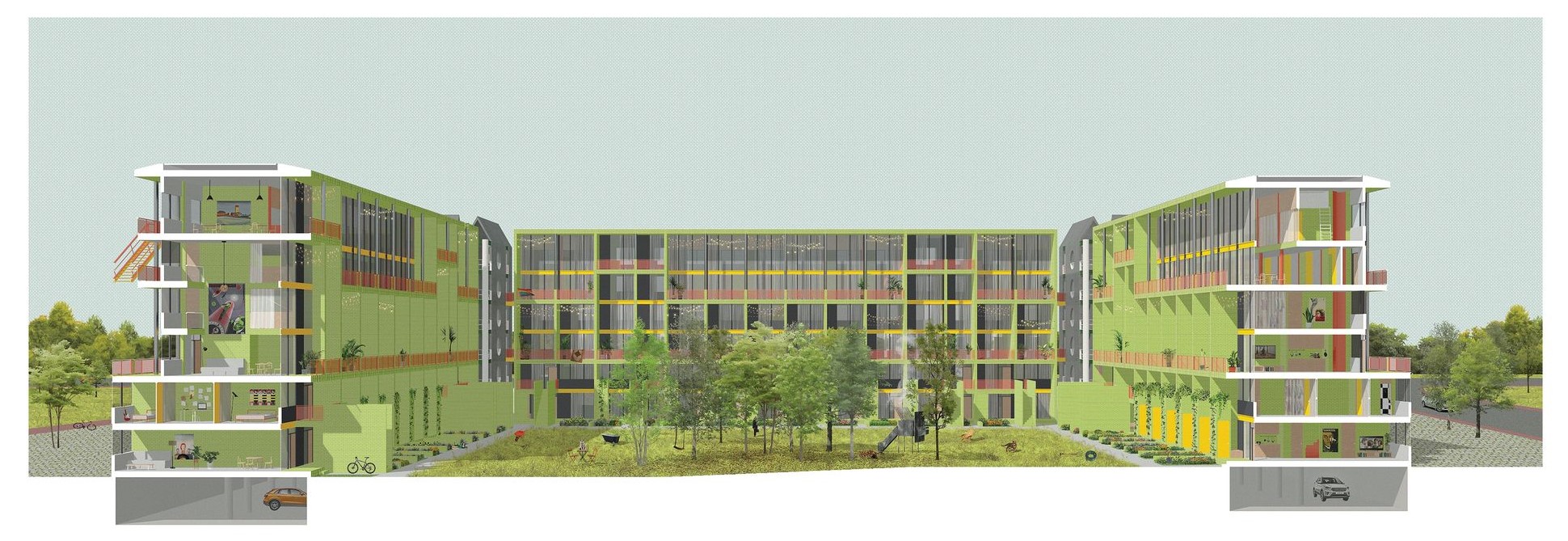 Urban oasis: contemporary design meets communal gardens.