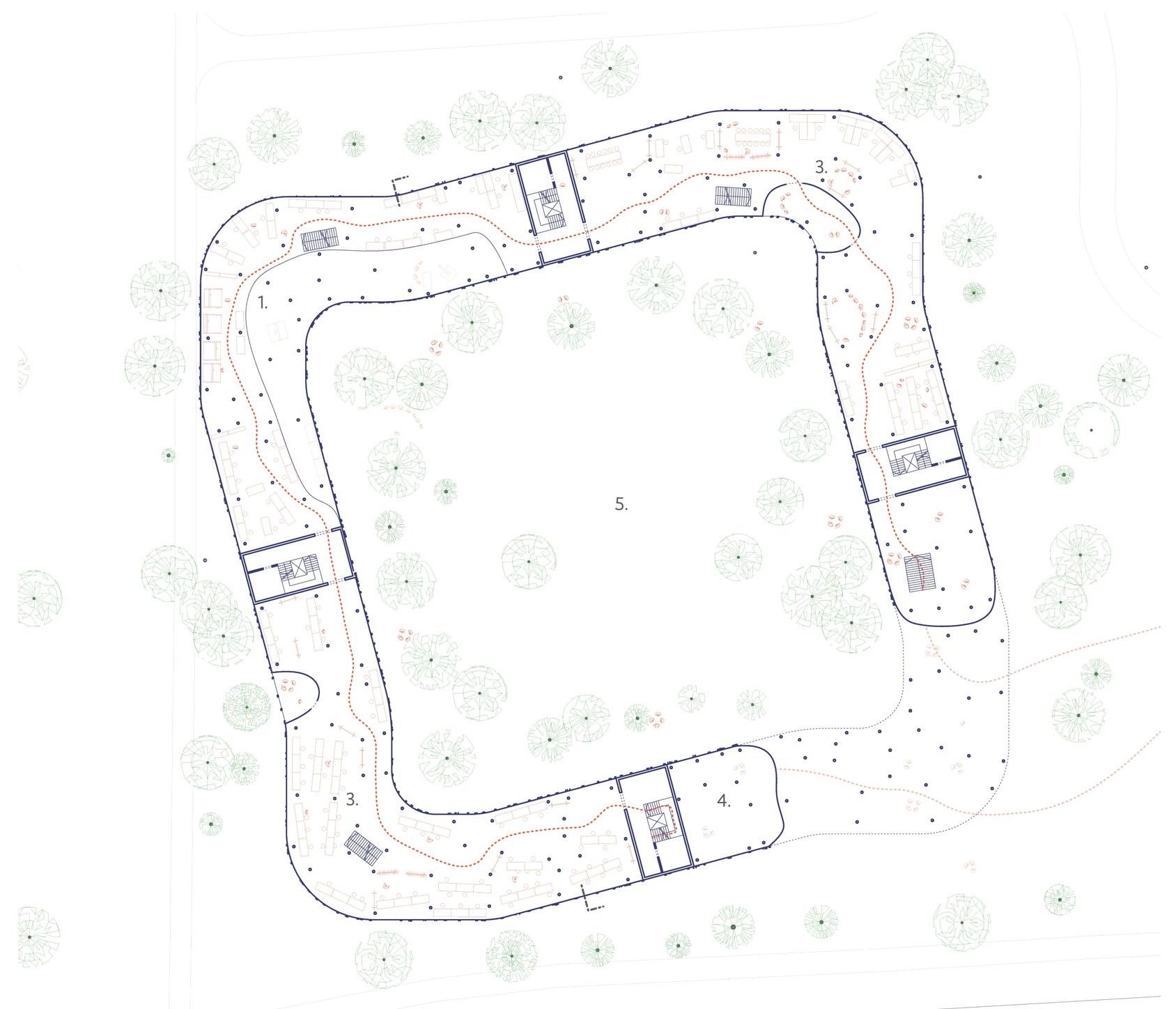 Site plan showing landscaped pathway around a central open space.