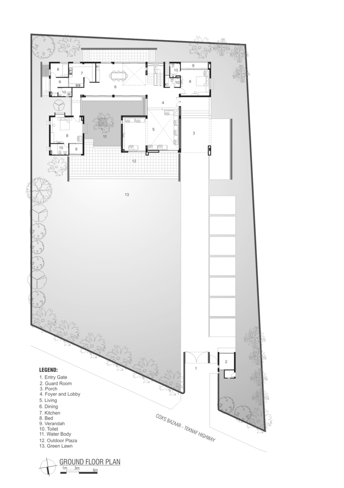 Ground floor plan showing the entry sequence, internal courtyard, and linear pool along one edge