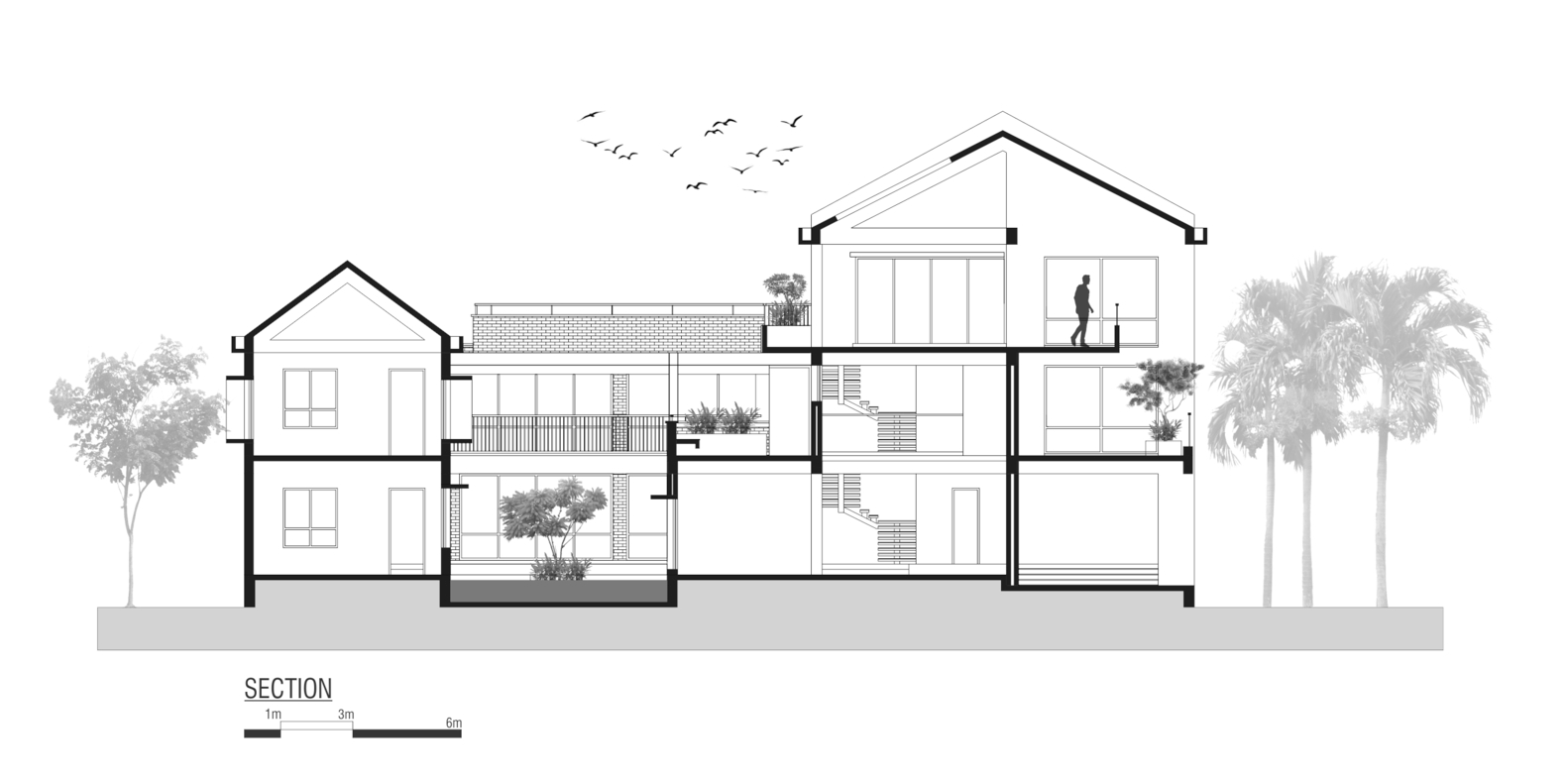 Section drawing through the two-story volumes showing internal courtyards, stairs, and pitched roofs with palm trees
