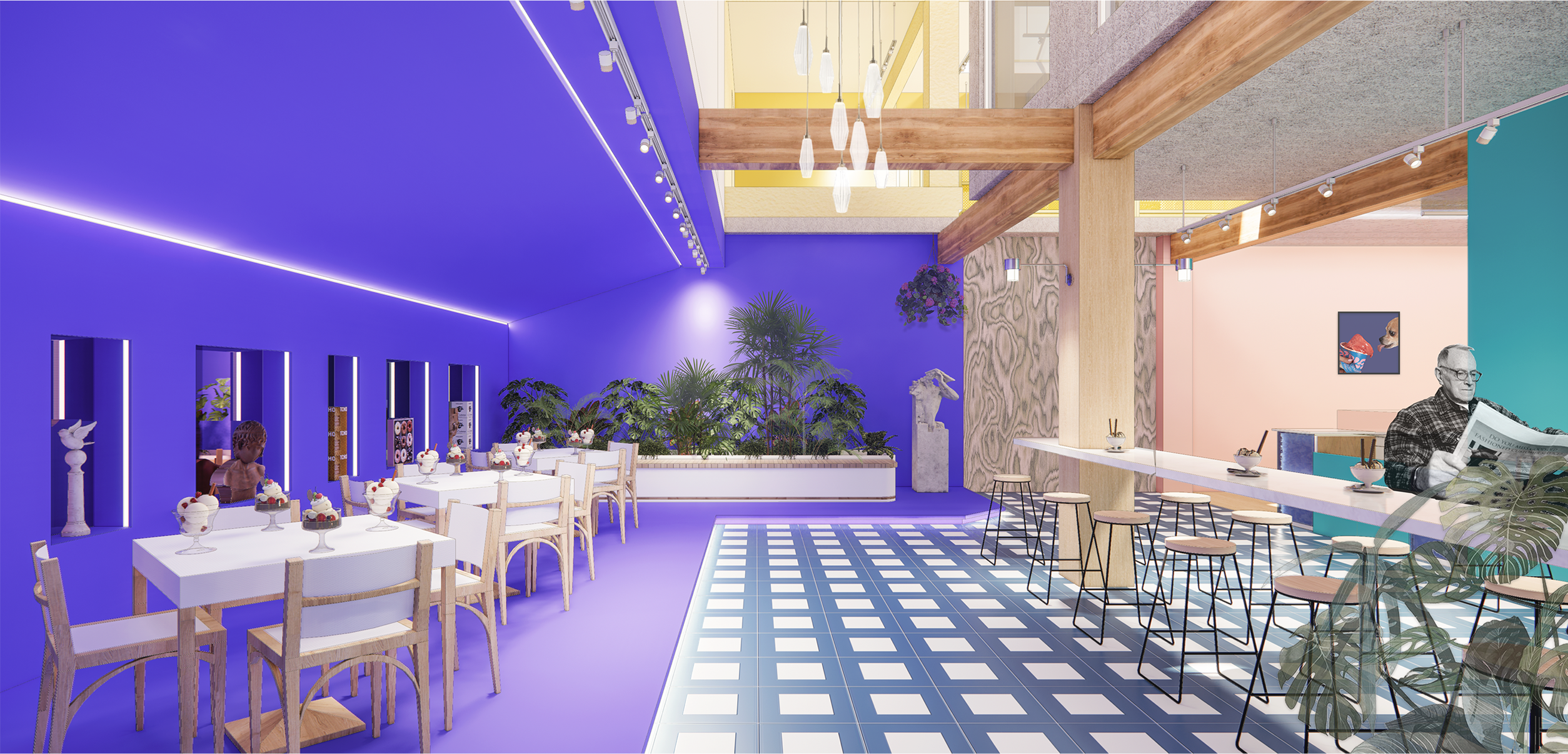 <i>the seating area on the ground floor</i>